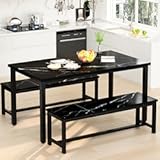 AWQM 47&apos;&apos; Dining Table Set for 4 with Bench&comma; Faux Marble Dining Room Table Set for 4&comma; Modern Kitchen Table and Chairs Set&comma; Kitchen Breakfast Nook Set for Small Space&comma;Black