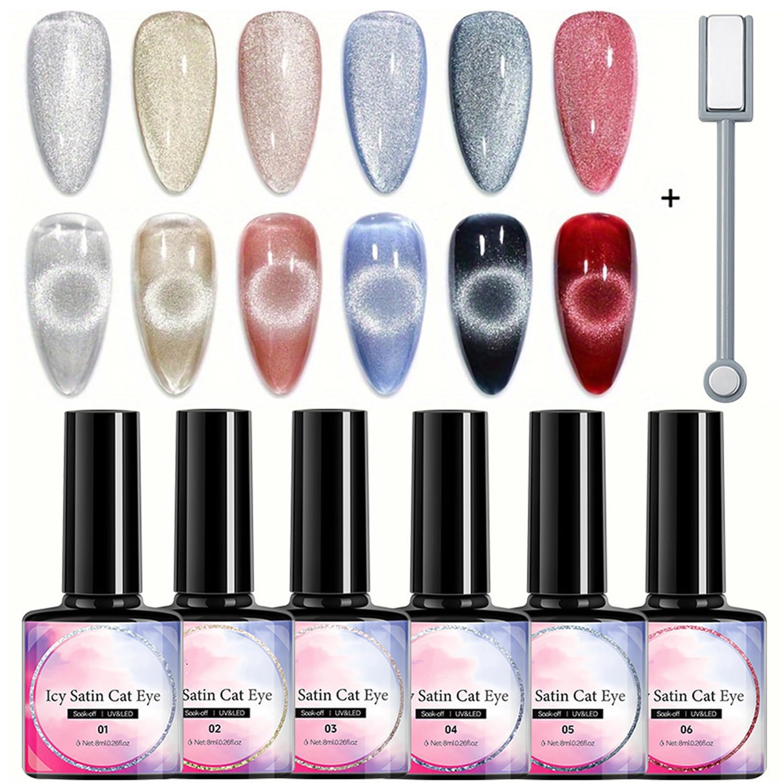 Azonee 6 Pcs Holographic Glitter Cat Eye Gel Nail Polish Kit, with Magnet, Rainbow Pastel Color Magnetic Nail Polish Gel, for Women Girls, Soak Off UV Polish Kit, Silver, Red, Black, Blue, Nude