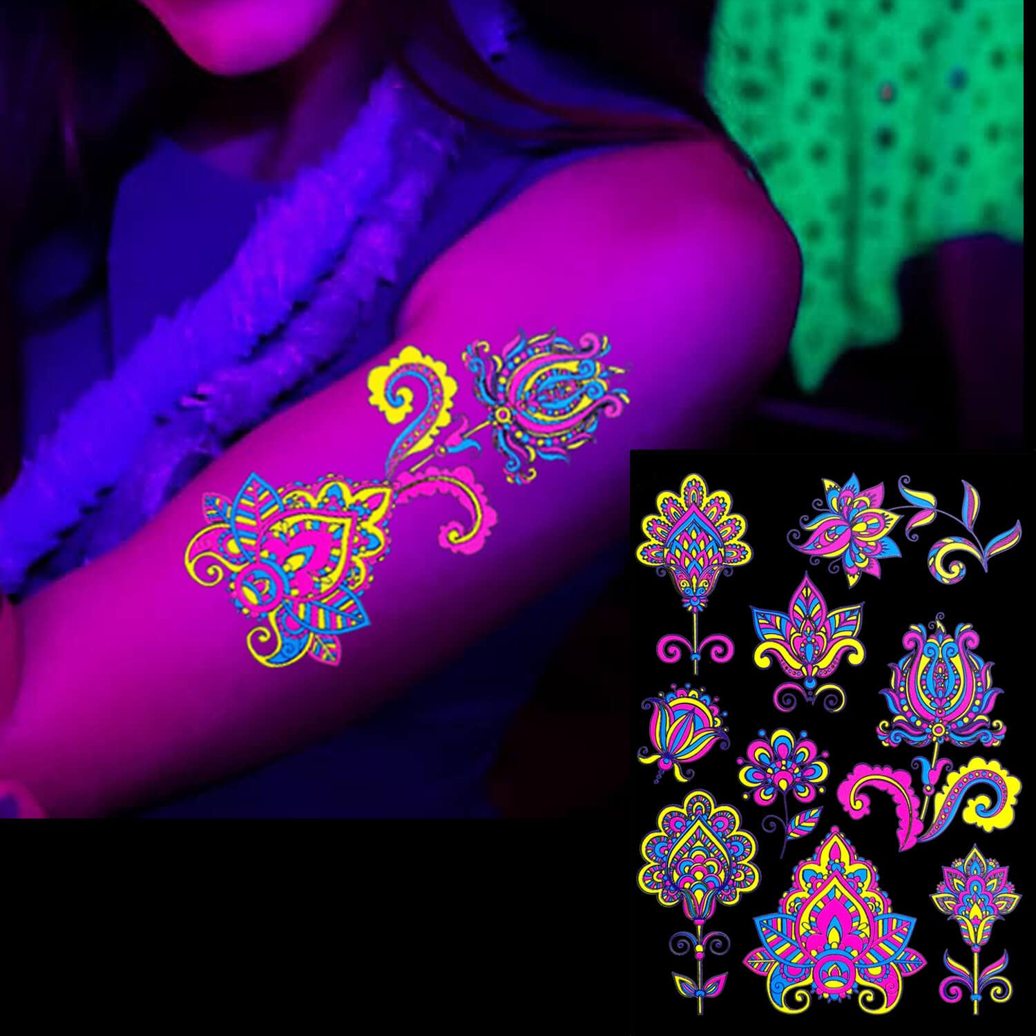 glaryyears 70+ Neon Temporary Tattoos, Glow UV Fake Charming Mandala Floral Butterfly Flowers designs, Women Girls Party Favor Supplies Night Pub 7 Sheets