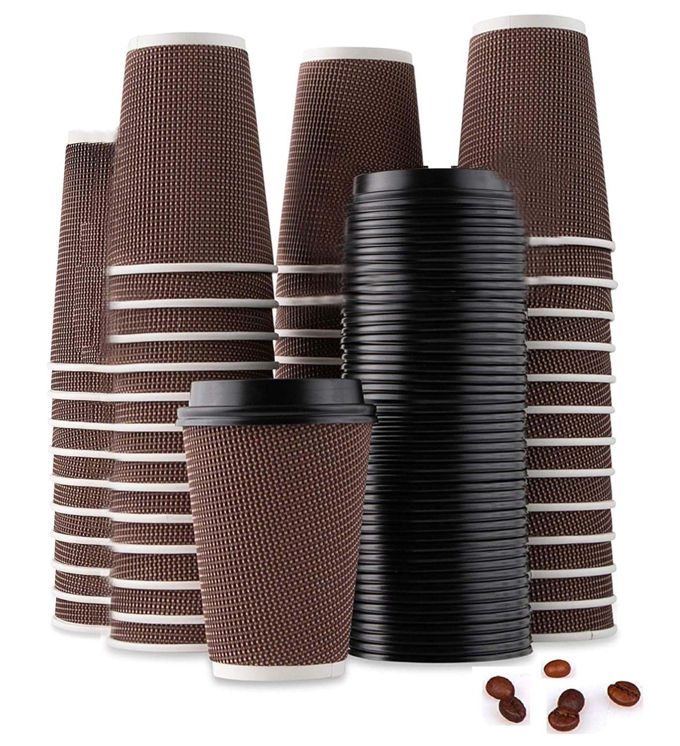 CHAYA Drinking glass—50 disposable coffee cup insulation spiral embossed paper cups with lids (8 oz, brown cups with black lids)