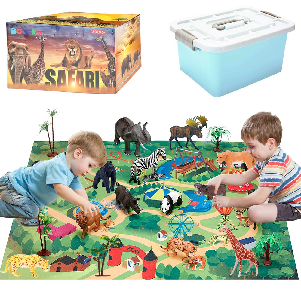 BOLZRA Safari Animals Figurines Toys with Activity Play Mat & Trees, Realistic Plastic Jungle Wild Zoo Animals Figures Playset with Elephant, Giraffe, Lion, Gorilla for Kids, Boys & Girls, 22 Piece