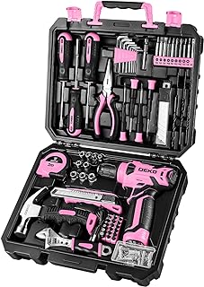 DEKOPRO Drill Set: Tool Set with 8V Pink Cordless Drill, Home Tool Kit with Drill, Hand Tool Kits for Women 126 Piece