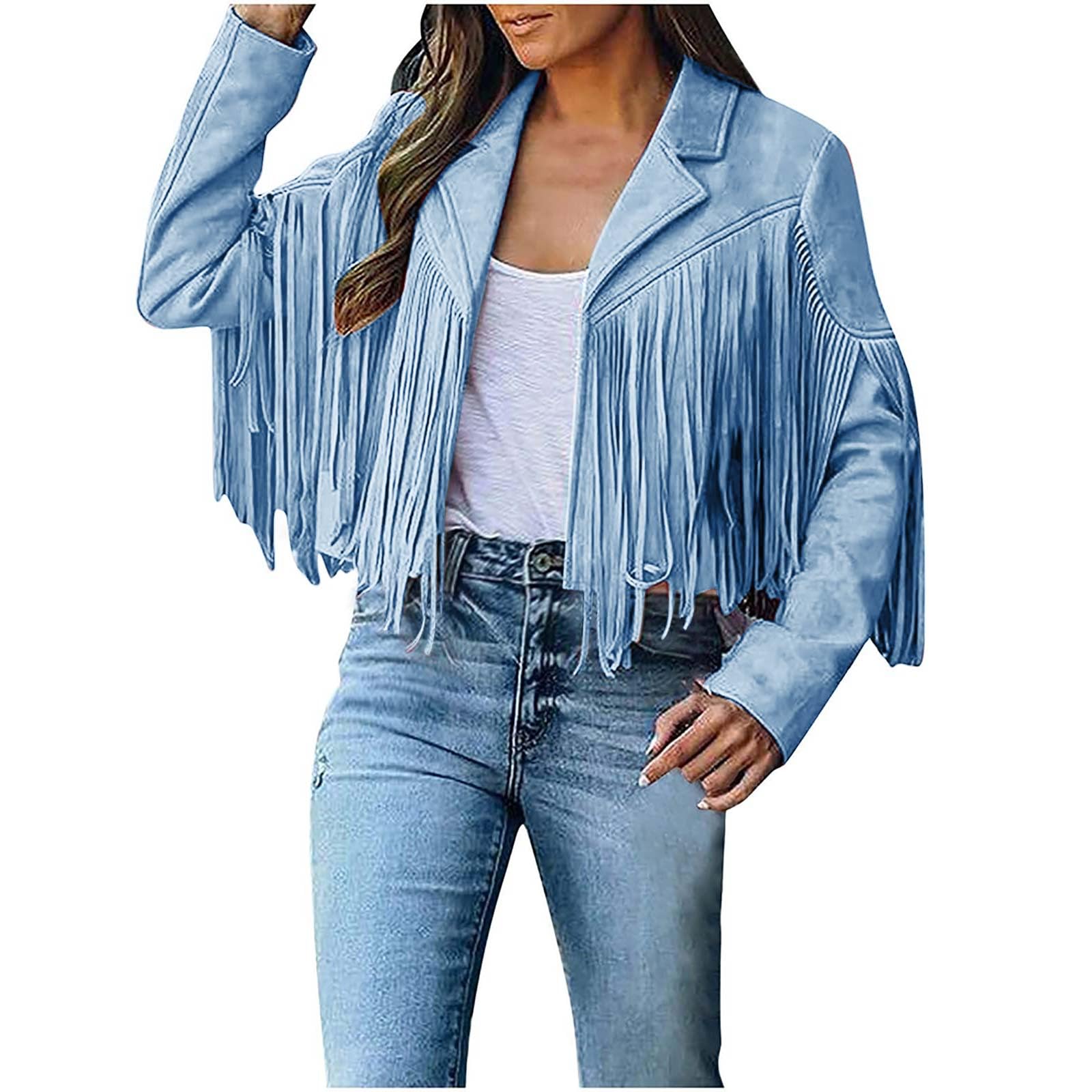 GenericWomens Fringe Cropped Jacket Casual Faux Leather Motor Biker Outerwear Coats Vintage Suede Tassel Western Cardigan