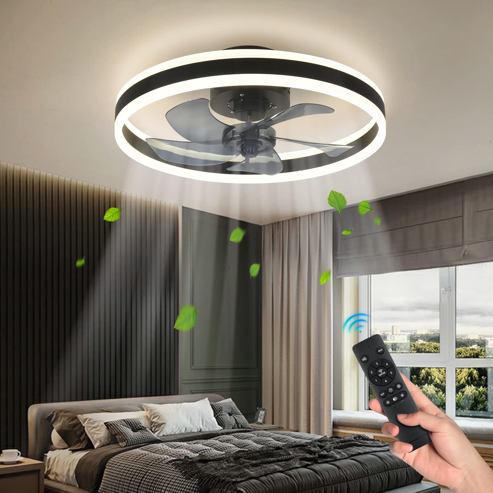 AHAWILL Modern Ceiling Fan with Light,Mute LED Dimmable Ceiling Fans with Remote Control,6 Speeds Reversible 60W Contemporary Ceiling Fan for Bedroom,Study Room,Dining Room,etc.(19.7" Black)