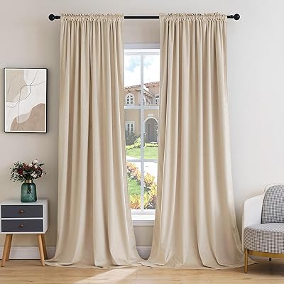 MIULEE Beige Velvet Curtains Thermal Insulated Blackout Curtain Drapes for Bedroom Living Room Darkening 84 Inches Long Curtains Panels Rod Pocket Set of 2