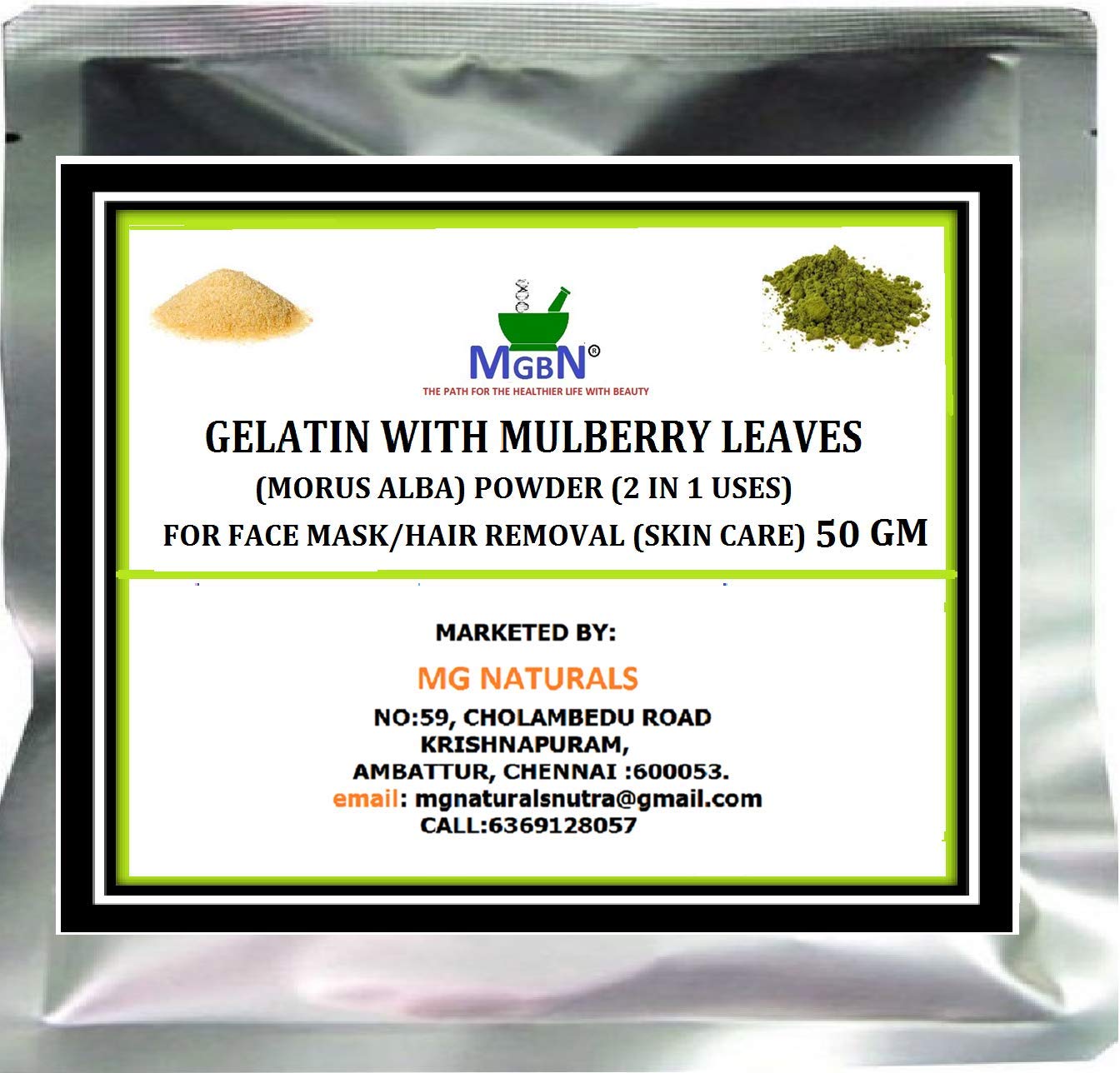 GELATIN WITH MULBERRY LEAVES (MORUS ALBA) POWDER (2 IN 1 USES) FOR FACE MASK/HAIR REMOVAL (SKIN CARE) 50 GM