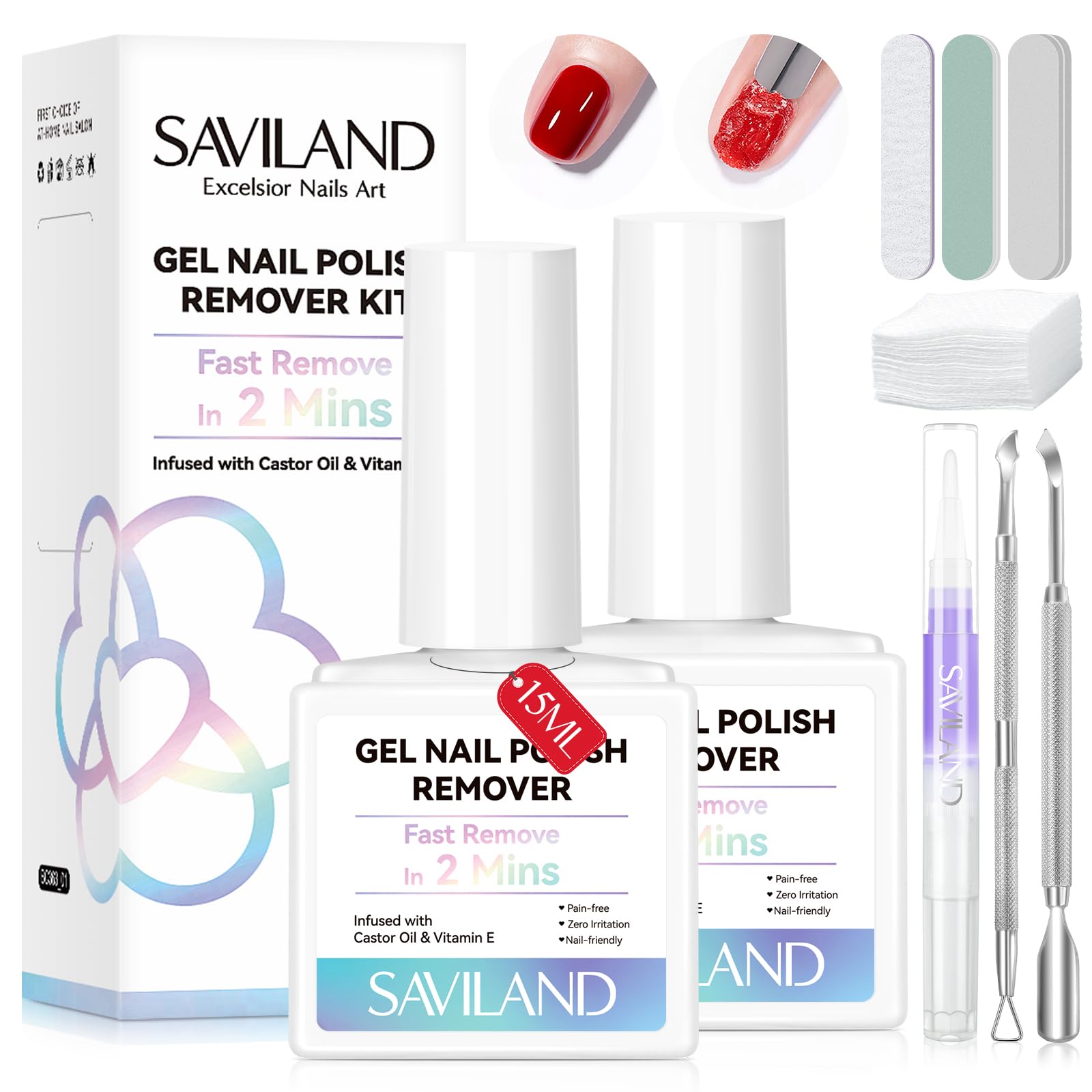 SAVILAND 2 Minutes Quick & Easy Gel Nail Polish Remover Kit: 2 PCS Soak-off Gel Polish Remover Rich in Castor Oil & Vitamin E, with Cuticle Oil Pen Nail Tools for Gel Nails Remove Home Salon Use