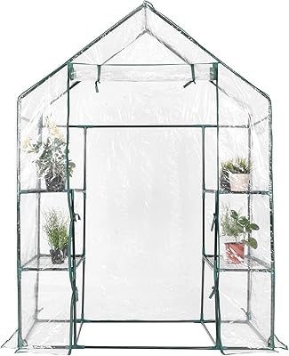 Goplus Greenhouse, 3 Tier Walk-in Green House with Roll up Zippered Door for Indoor Outdoor Use, Mini Plastic Hot House to Grow Plant Herbs Flowers, 56 x 29 x 77 Inches