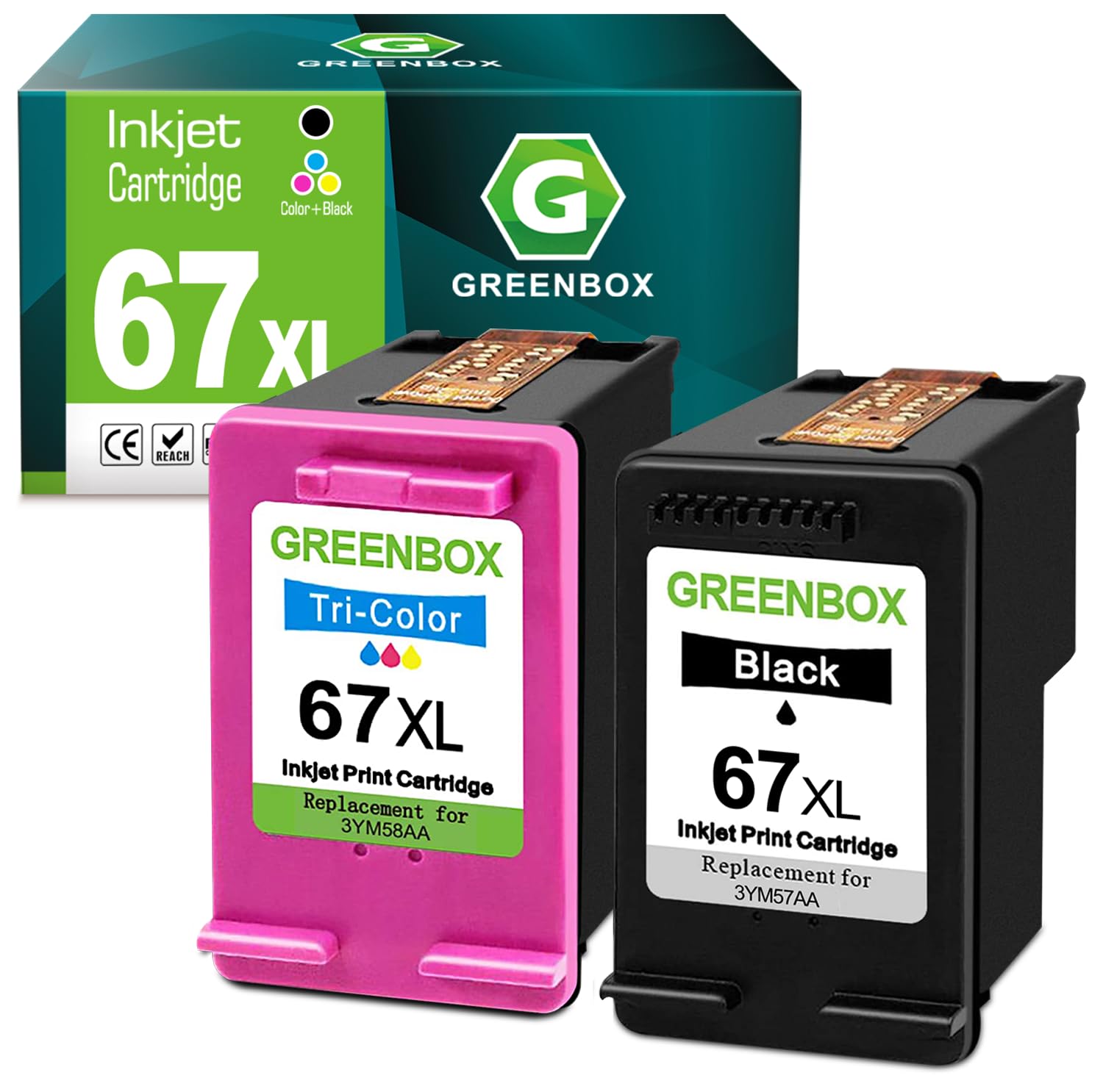 GREENBOXRemanufactured Ink Cartridge Replacement for HP 67 67XL for DeskJet 2732 2755 Envy 6052 6058 6075 DeskJet Plus 4152 4155 4158 Printer (1 Black 1 Tri-Color)