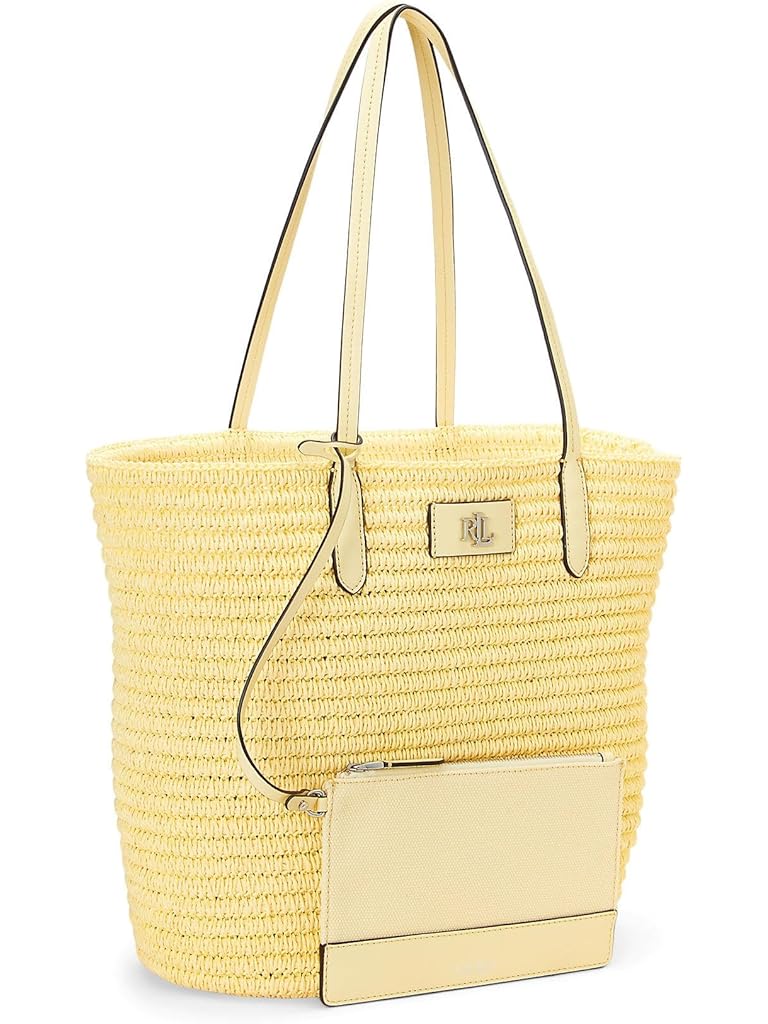 Yellow Lauren Ralph Lauren Leather-Trim Straw Large Brie Tote Bag