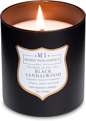 Manly Indulgence Black Sandalwood Scented Candle for Men 15 oz – Bergamot, Tobacco, Amber & Musk - Wood Wick - Up to 60 Hours Burn - Soy Blend Wax, USA Poured – Signature Collection