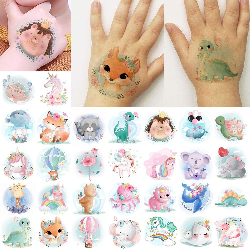 glaryyears 30 Sheets Watercolor Animals Temporary Tattoo Stickers for Kids, Cartoon Unicorn Flamingo Dinosaur for Girls Boys Children，Waterproof Fake Tattoos on Face Hand Arm Party Favor Body Art