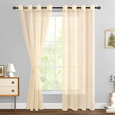 Hiasan Sheer Curtains for Living Room with Tiebacks, Grommet Top Light Filtering Airy Voile Drapes Lightweight Window Curtains for Bedroom, Nursery, Beige, W52 x L84, Set of 2 Soft Textured Panels