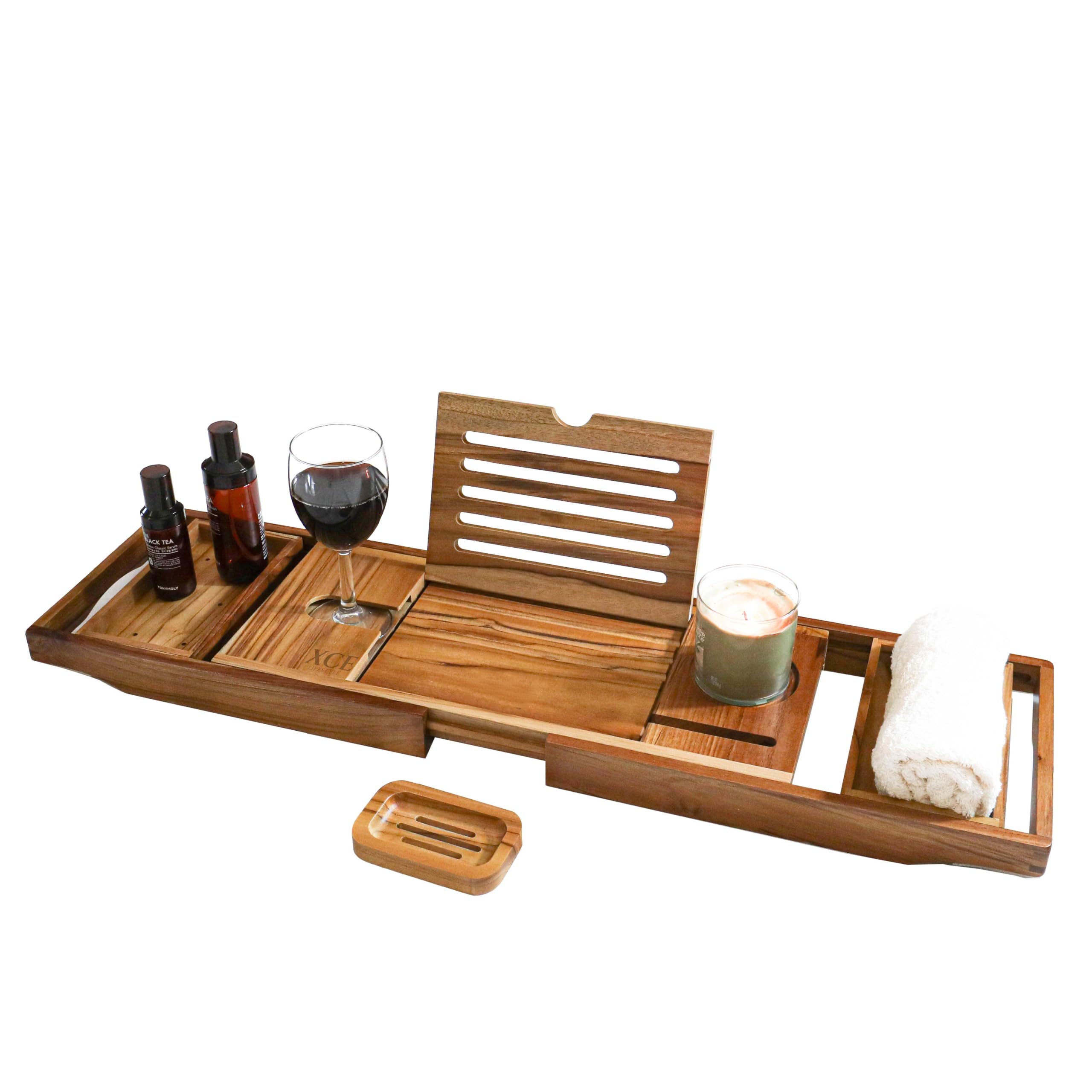 XcE Teak Bathtub Tray Expandable to 105cm with Solid Book Stand and Soap Tray, Teak