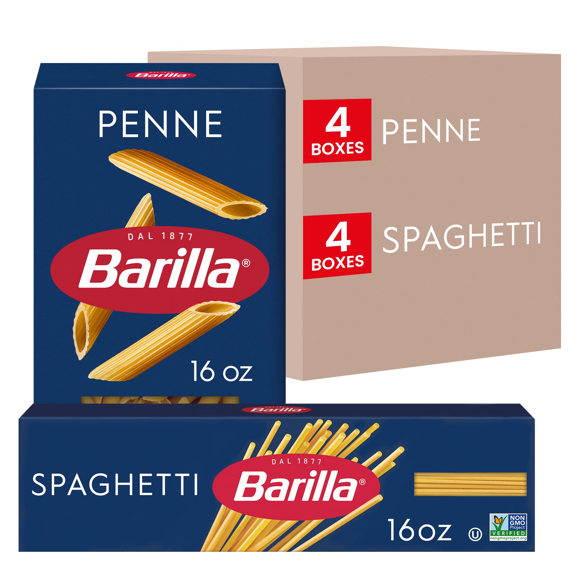 Barilla Penne Pasta & Spaghetti Pasta Variety Pack, 16 oz. Boxes (Pack of 8) - Non-GMO Pasta Made with Durum Wheat Semolina - Kosher Certified Pasta