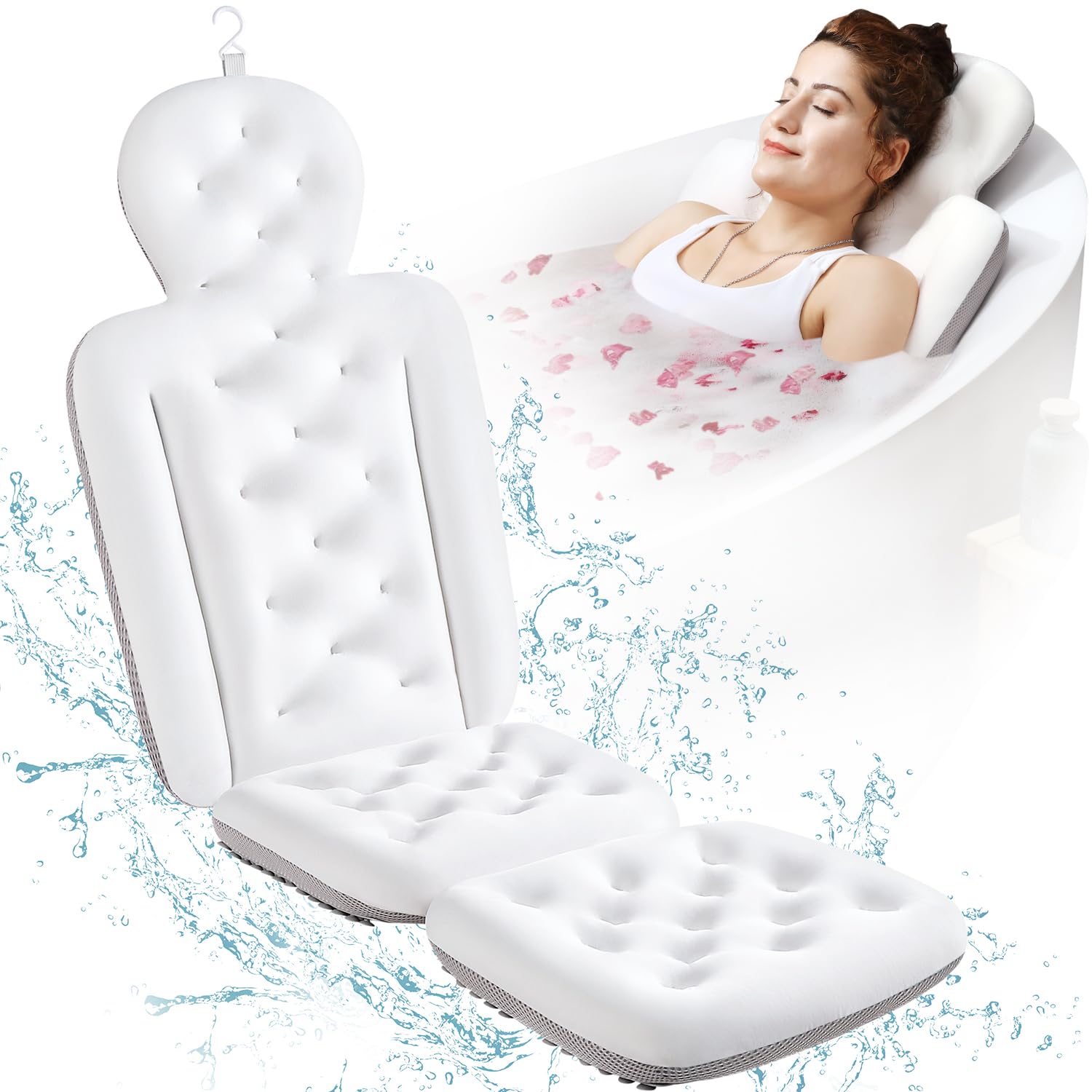 Full Body Bath Pillow for Bathtub, Thick Bathtub Cushion with Laundry Bag, Luxury Tub Pillow for Bath for Headrest Neck and Back Support White 51" x 16"