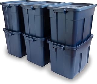 Rubbermaid Roughneck Tote 18 Gal, 6 Pack, Made in USA, Dark Indigo Metallic, Rugged Plastic Stackable Storage Bins with Li...