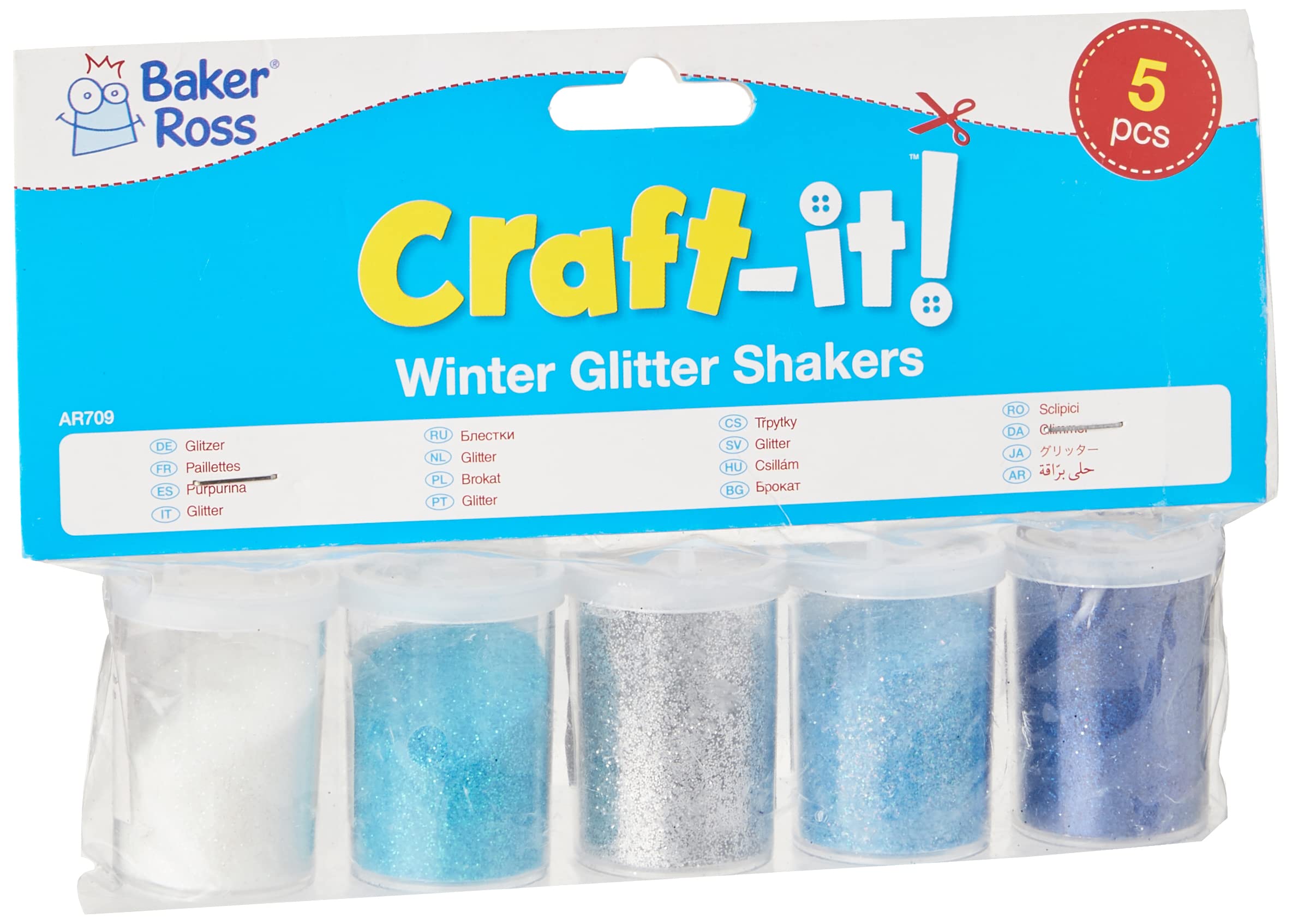 Baker RossAR709 Winter Glitter Shakers for Kids Arts and Crafts — Glitter Containers Ideal for Crafting in Classrooms, Schools, and Preschools (Pack of 5)