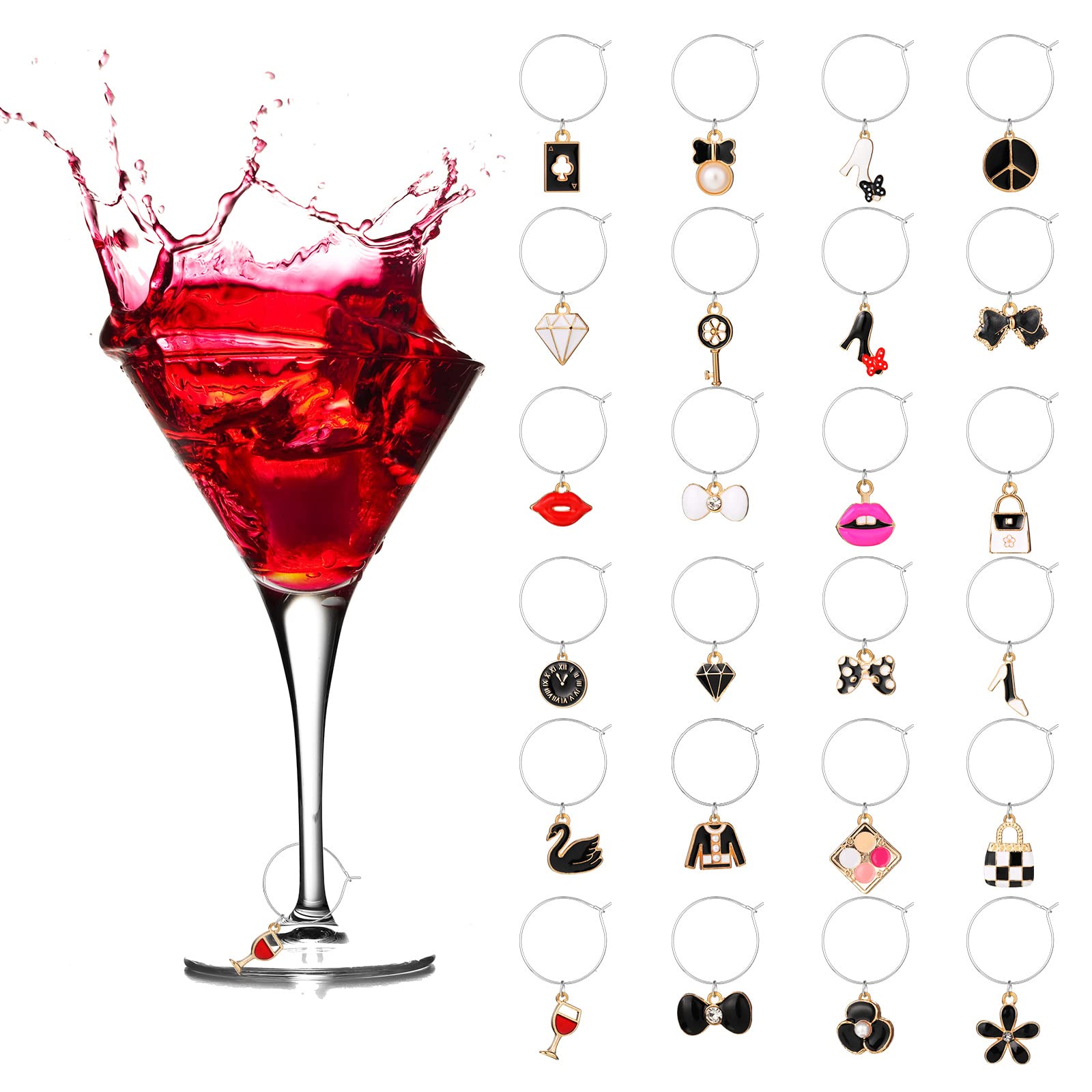 Sureio 24 Pieces Wine Glass Charms Rings Stem Glass Markers Glass Charms Charm Pendants Funny Drink Markers Tags Designer Charms for Stem Glasses Tasting Party Favors Decoration