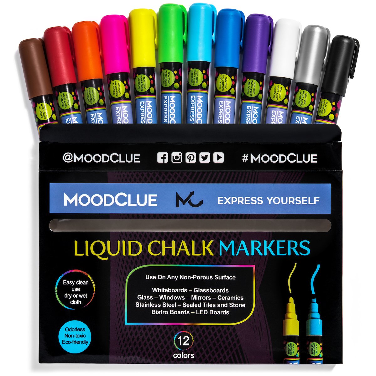 Liquid chalk markers 12 neon erasable Whiteboards, glass boards, chalkboards, windows, mirrors, car windshields, auto, glass. Odorless, non-toxic. Wet or dry erase. Thick and thin tip