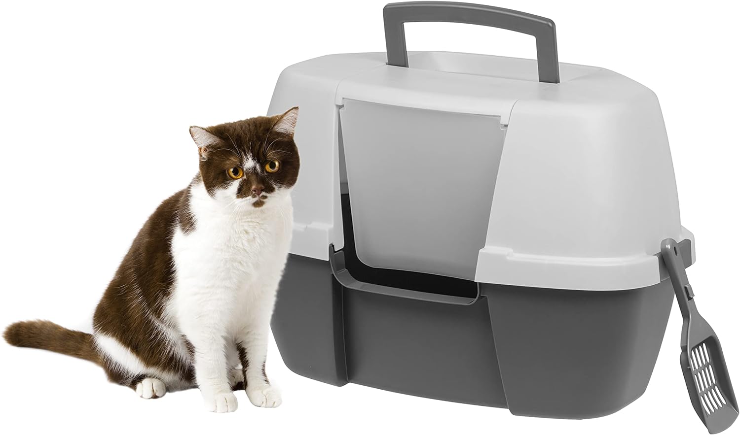 IRIS USA Large Enclosed Corner Cat Litter Box with Front Door Flap and Scoop, Hooded Kitty Litter Tray with Handle and Buckles for Portability and Privacy, Gray Corner Hooded - Gray