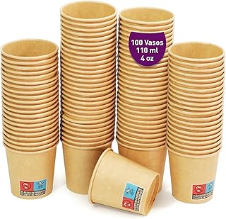 100 Vasos Desechables Papel Kraft de 110ml / 4 oz para Café Espresso y Lungo. Para bebidas frías y calientes. Vasos cartón...