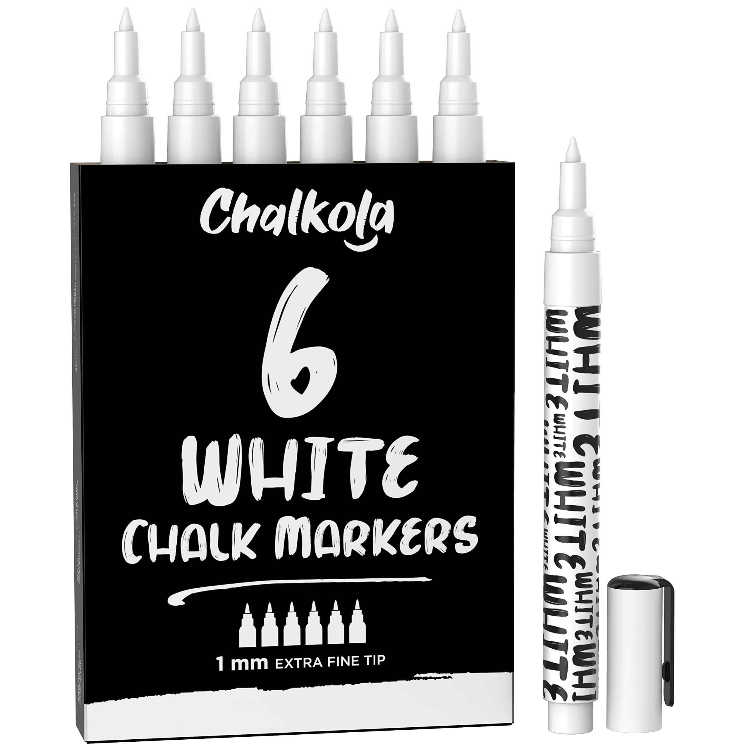 Chalkola White Chalk Pens - White Dry Erase Liquid Chalk Pens for Chalkboard, Blackboard, Window, Bistro, Car Glass, Board, Signs - 1mm Extra Fine Tip Chalkboard Chalk Markers