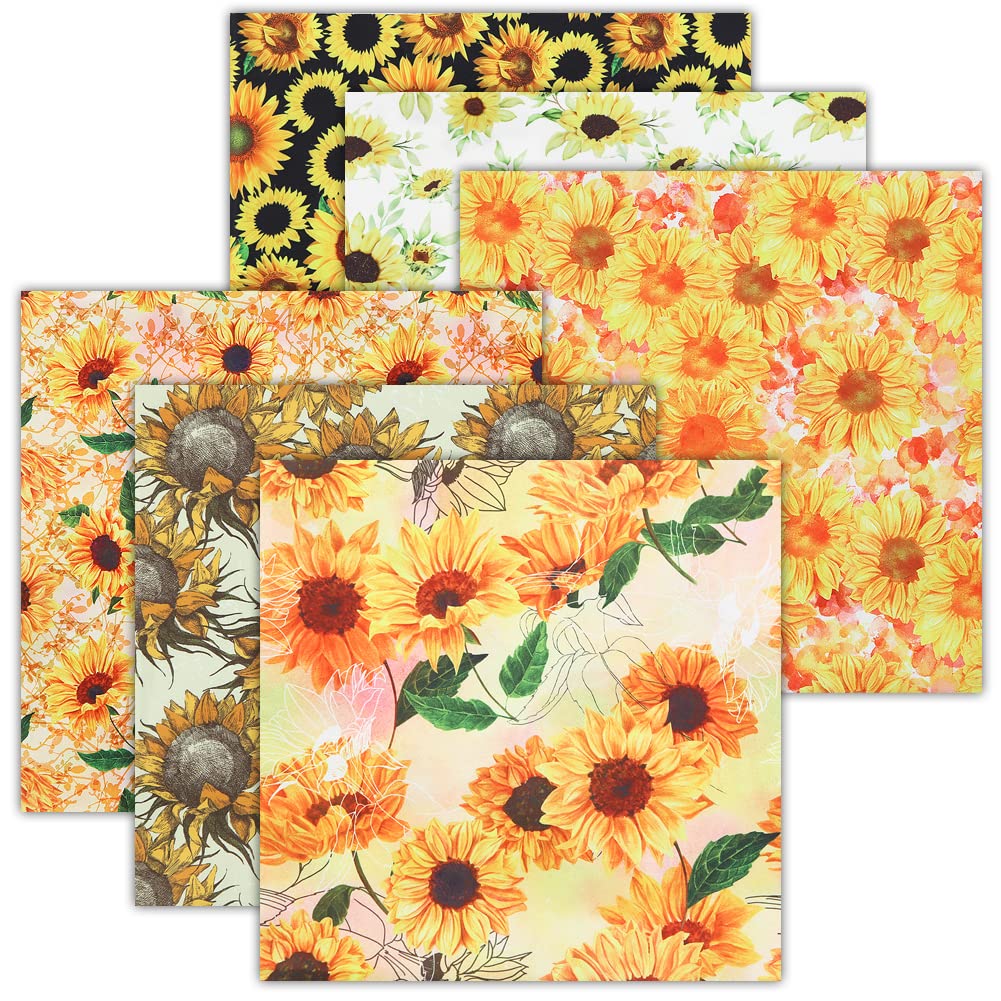 Sunflower Fat Quarters Fabric Bundles,6 PCS Floral Polyester Fabric 50cm x 50cm,Yellow Orange Black Sunflower Sewing Polyester Cotton Fabric Material for Sewing Quilting Patchwork Artcraft DIY