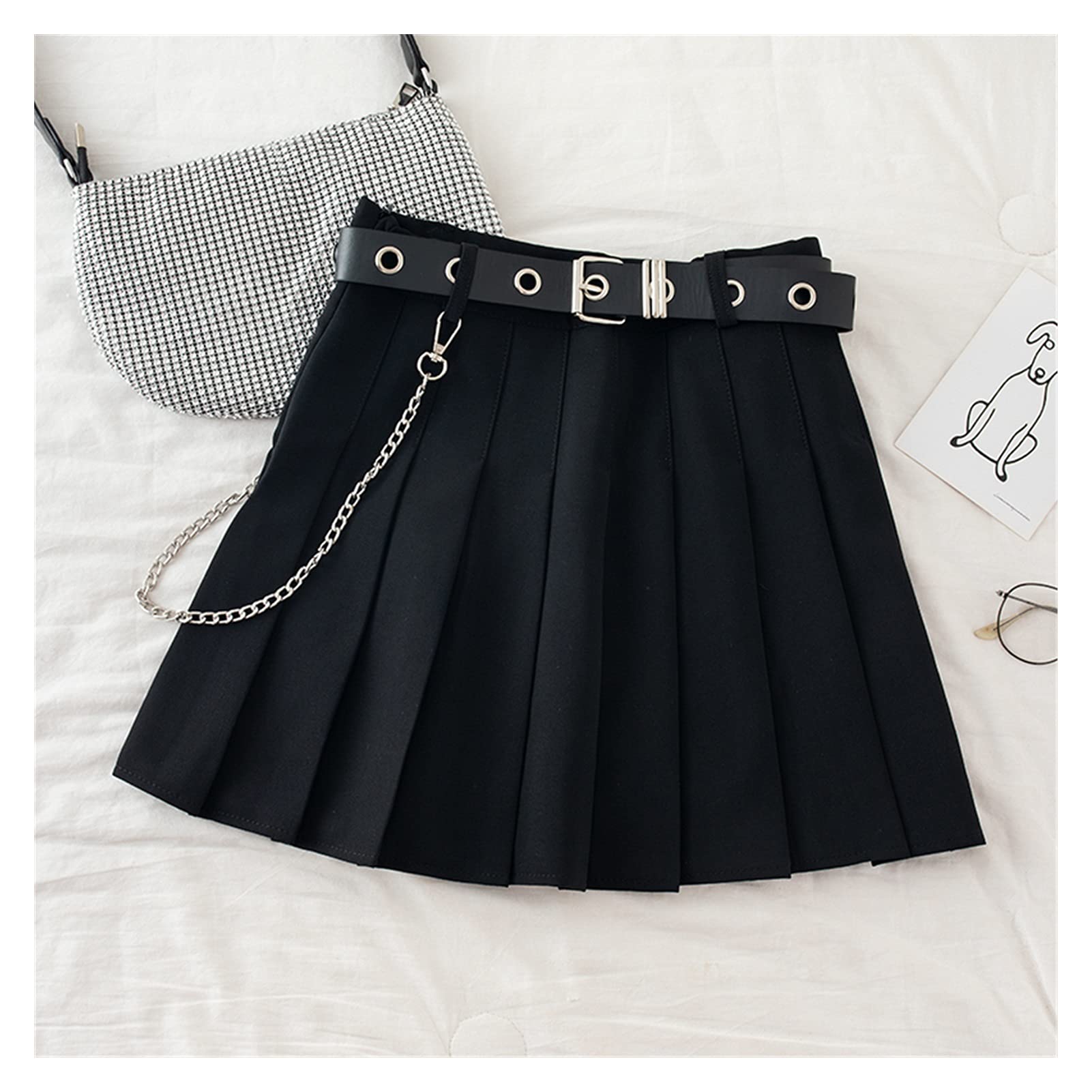 : LSXLSD Black Pleated Skirt with Chain-Belt Punk Rock Girl  Cheerleading Belted Mini Skirt Women Girl Outfit (Color : Black, Size :  Large) : Clothing, Shoes & Jewelry