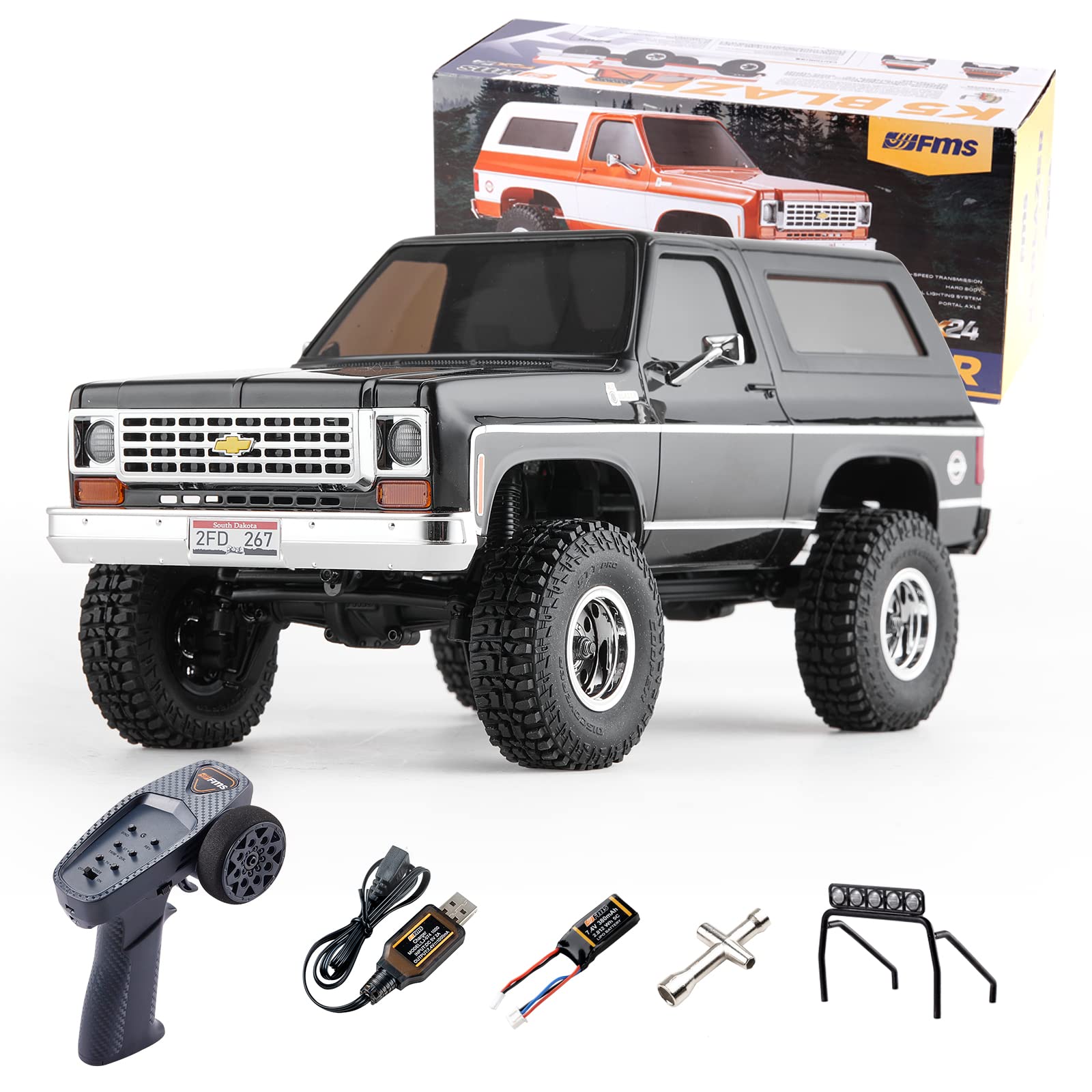 FMS 1/24 RC Crawler Officially Licensed Chevy K5 Blazer RC Car FCX24 RTR RC Pickup Truck SUV 4WD 2.4GHz Hobby RC Model 8km/h Mini Car RC Off-Road Remote Control Car (Black)