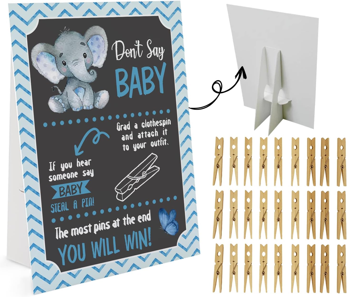 Blue Elephant Don’t Say Baby Game (1 letrero y 50 mini pinzas naturales ...