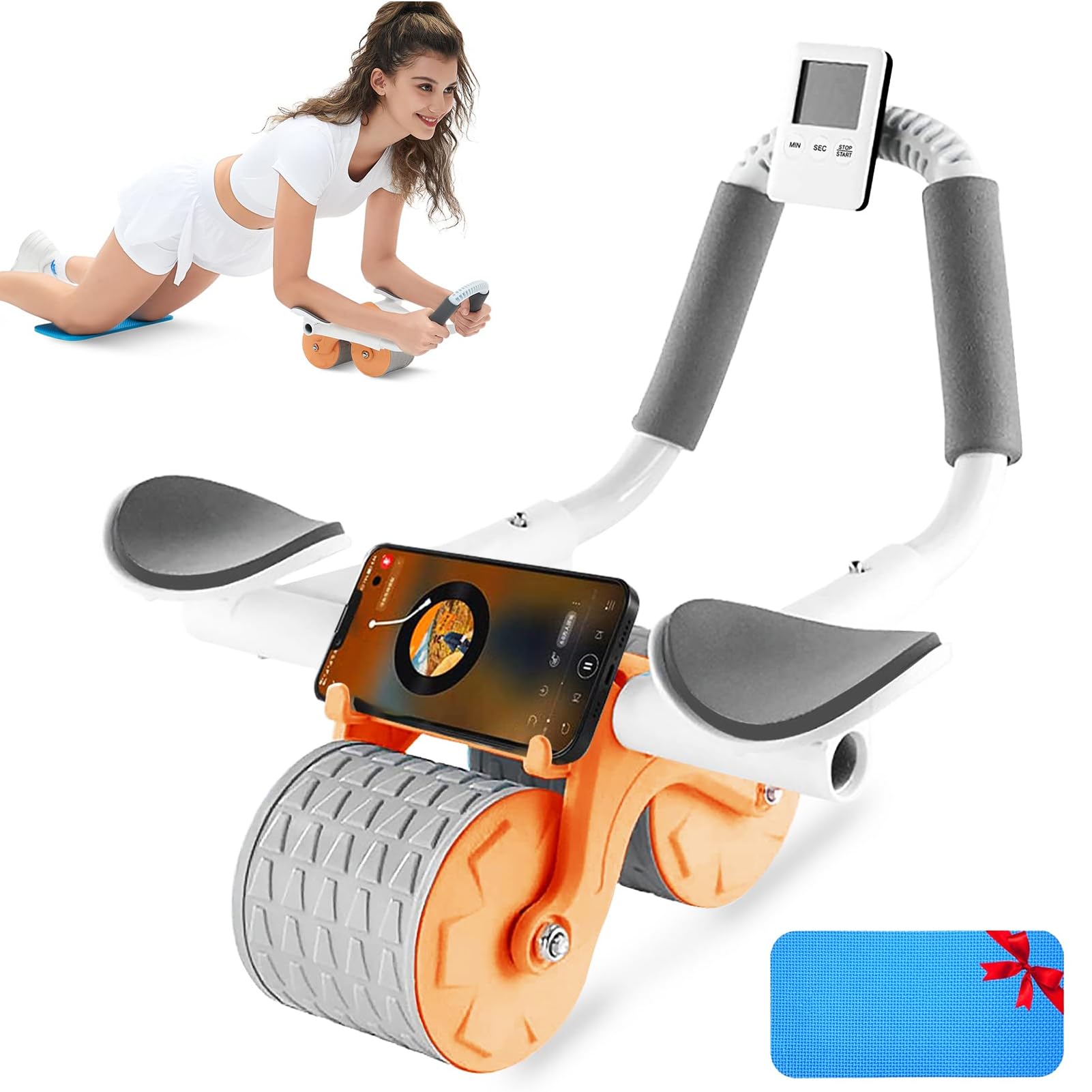 Tiokkss Automatic Rebound Ab Abdominal Exercise Roller Wheel, with Elbow Support and Timer, Abs Roller Wheel Core Exercise Equipment, for Men Women