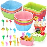 70 Pcs Silicone Lunch Box Dividers Set&comma; Thicked Silicone Cupcake Liners for Baking&comma; Reusable Lunch Bento Box Accessories with Animal Food Picks for Kids &lpar;20 Cupcake Cup &plus; 50 Picks&rpar;