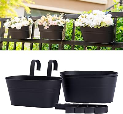 pansparade 3 Pack Metal Hanging Flower Pots for Railing Fence，Outdoor Balcony Rail Planter with Detachable Hooks Drainage Holes for Deck Garden Home Decor Black