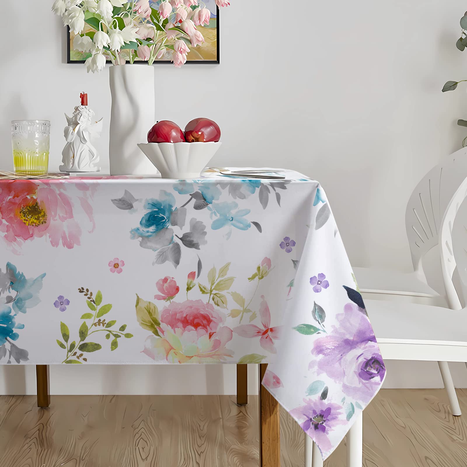 Tupmnbry Spring Rectangle Tablecloth Waterproof Watercolor Flower Botanical Border Fabric Table Cloth Stain and Wrinkle Resistant Spring Tablecloth for Dinner Kitchen and Party 60"x84"