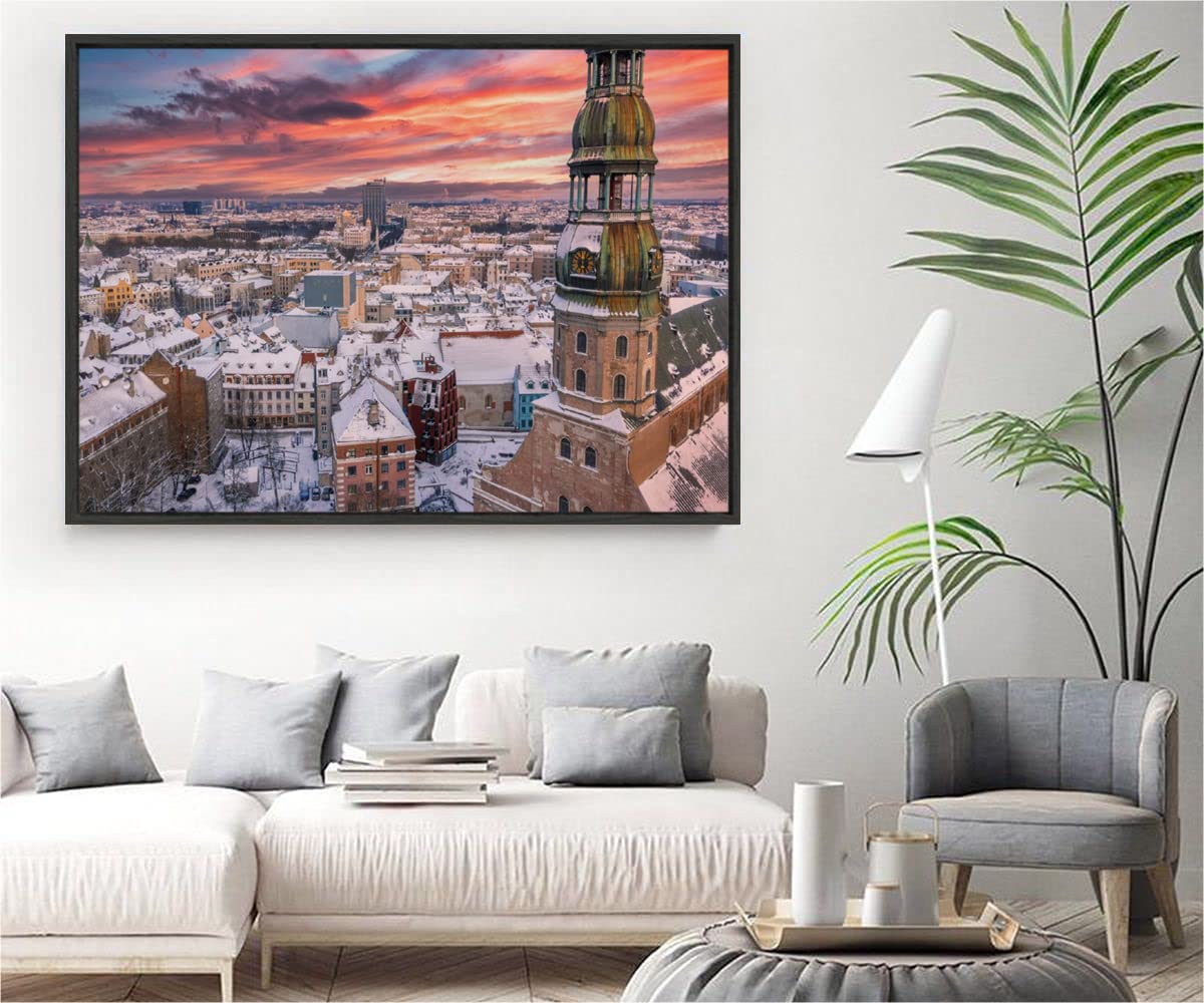 VERRE ART Black Floater Framed Canvas - Wall Decor for Living Room, Bedroom, Office, Hotels, Drawing Room (34in X22in) - Snow Covered Riga