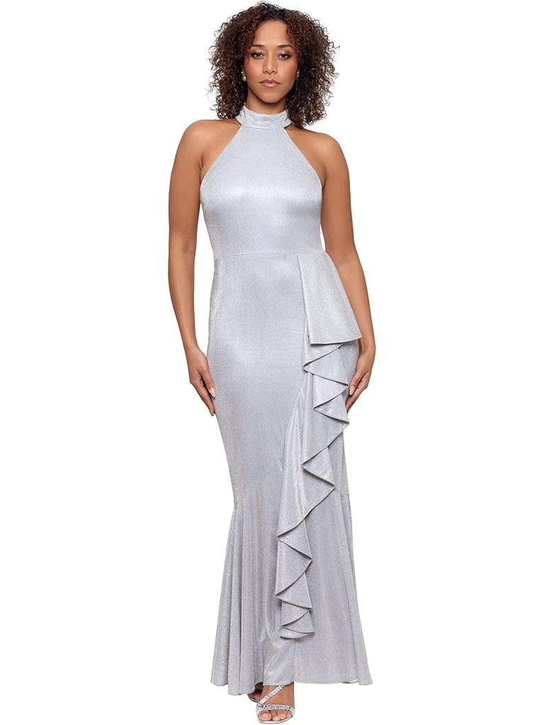 Betsy & Adam Mock Neck Galaxy Glitter Mermaid Gown