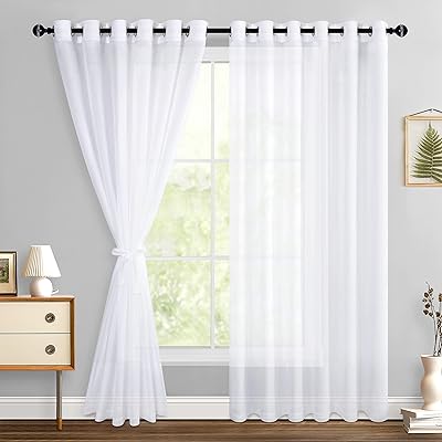 Hiasan White Sheer Curtains for Bedroom with Tiebacks, Grommet Light Filtering Extra Wide Voile Texture Window Curtains for Living Room, Kids' Room and Nursery, W70 x L84, 2 Soft Drape Panels