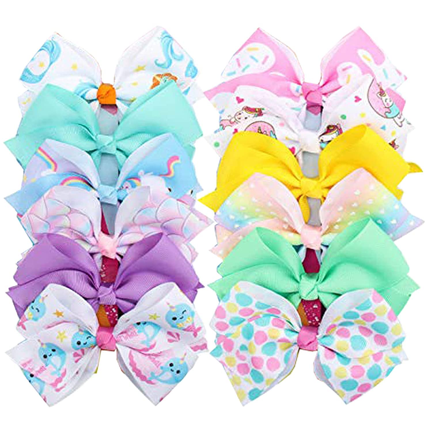 KASTWAVE Grosgrain Ribbon Hair Bows Large Hair,Alligator Clips for Girls Large Bow Unicorn Rainbow Grosgrain Ribbon Hair Barrettes Accessories for Toddler Teens Kids (12pcs)