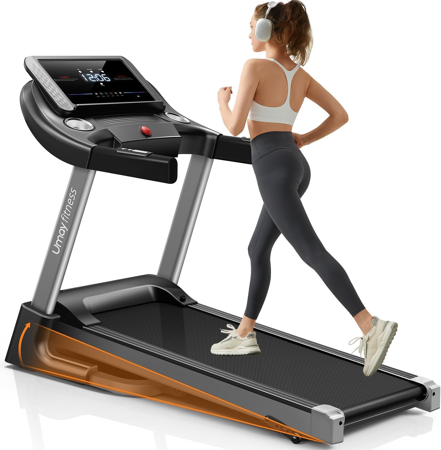 UMAY Fitness Home Folding Incline Treadmill with Pulse Sensors, 3.0 HP Quiet Brushless, 300 lbs Capacity, Grey