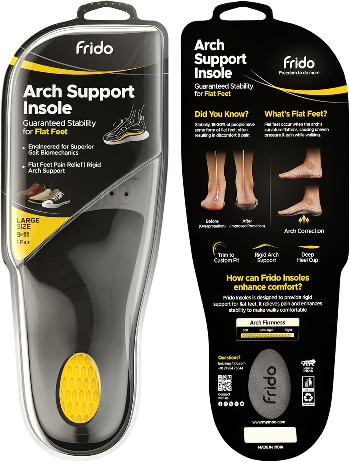 Frido Rigid Arch Support Insole for Flat Feet, Relieves Feet Pain, Plantar Fasciitis & Heel Spurs, Orthotic Inserts for Enhanced Stability, Trimmable Shoe Inserts, Large 9-11 UK, Pack of 1