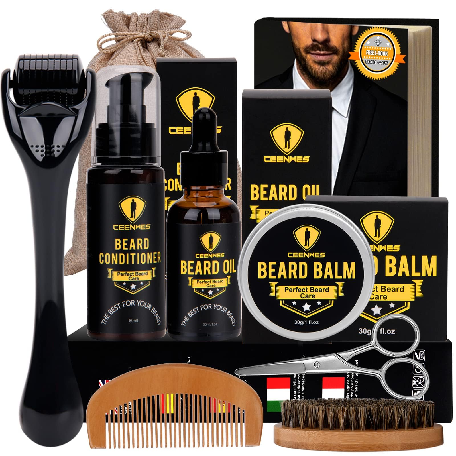 Ceenwes Upgraded Beard Grooming Kit - Conditioner, Oil, Brush, Comb, Balm, Scissors, Storage Bag for Beard and Mustache Trimming, Perfect Men's Gift