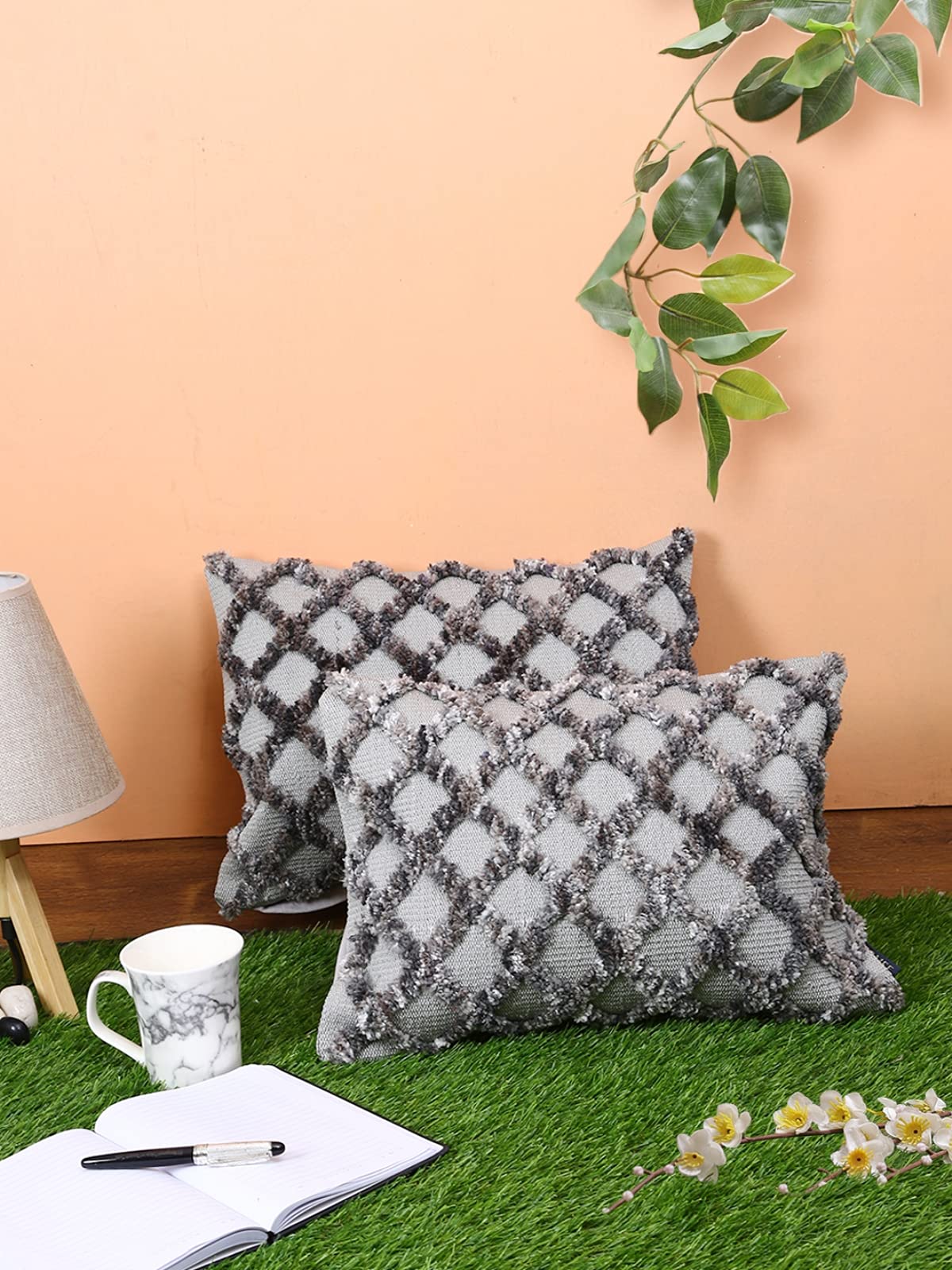 ROMEE Cotton Tufted Pillow Cushion Cover Hand Woven, Geometric Pattern for Living Room, Sofa Chair (12 X 18 Inches, Grey, Pack of 2)