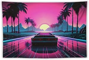 QEOPGNE Wall Hanging Tapestry Aesthetic Vaporwave 80s Retrowave Car Vibrant Futuristic Palm Tree Large Tapestry Wall Decor for Bedroom Aesthetic Living Room Decor for Men And Woman 40&#34;x60&#34;