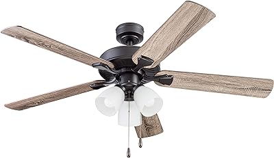 Portage Bay Ceiling Stannor 52" Bronze Indoor Fan with Frosted 3 Light LED Multi Arm E26/A15 Bulb and Pull-Chains, Traditional Style, 5 Reversible Barnwood/Northern Ebony Blades, 51434