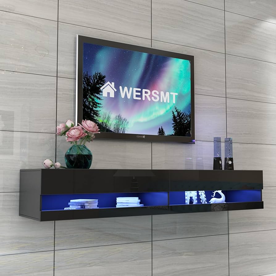 : WERSMT - Soporte de TV LED, centro de entretenimiento flotante  p/pared, p/TV de 80 pulg, espacio de almacenamiento, luces LED, 71 pulg AN  x 17 pulg PR x 12 pulg AL,