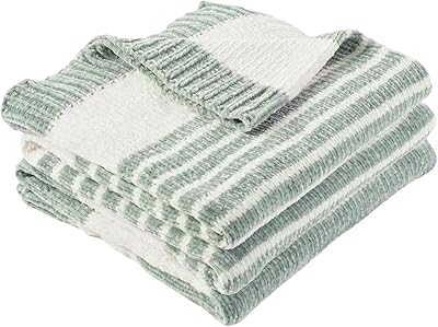 BATTILO HOME Sage Green Throw Blanket for Couch, Farmhouse Chenille Knitted Blanket for Home Decor, Light Green Striped Spring Summer Throw Blanket, 51"x67"