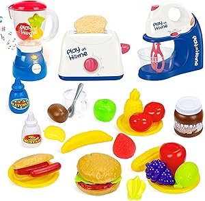 28 PCS Kitchen Appliances Toy Set, Play Kitchen Accessories Set Includes Toy Blender, Toaster, Coffee Maker Machine, Play Food, Pretend Play Games for Boys & Girls