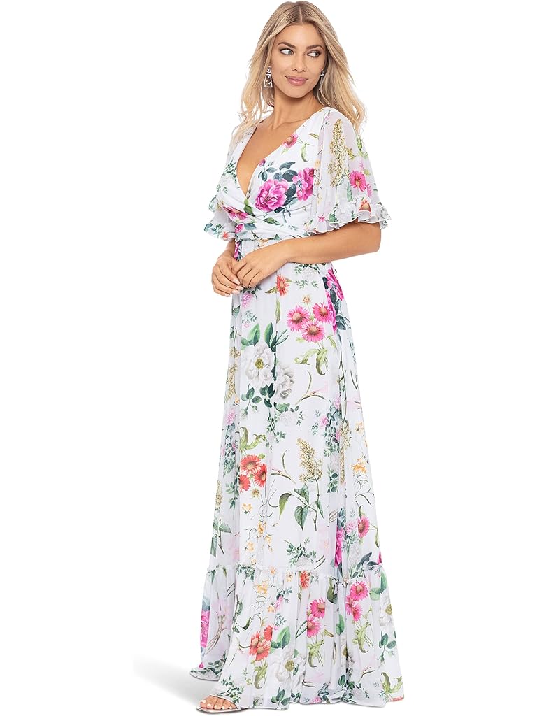 Betsy & Adam Long Floral Flare Sleeve Dress