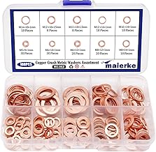 maierke 188PCS 9 Sizes Metric Copper Crush Washers Assortment Kit Flat Ring Sealing Washer M5 M6 M8 M10 M12 M14